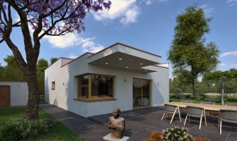 Modernes Einfamilienhaus mit Carport und Flachdach.